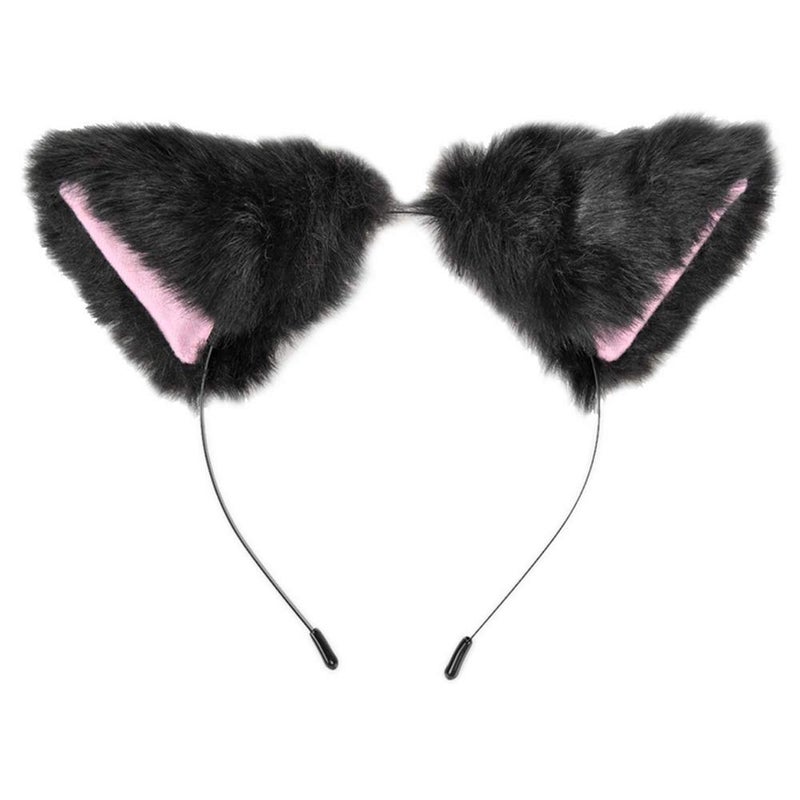 lasenersm Cat Fox Long Fur Ears Headband - Size: approx. 10x10cm, Color: Black fluff with Pink Inside, Material: Faux Fur, Costume Headband for Anime Cosplay Party Costume, Halloween, Carnival - Image 2